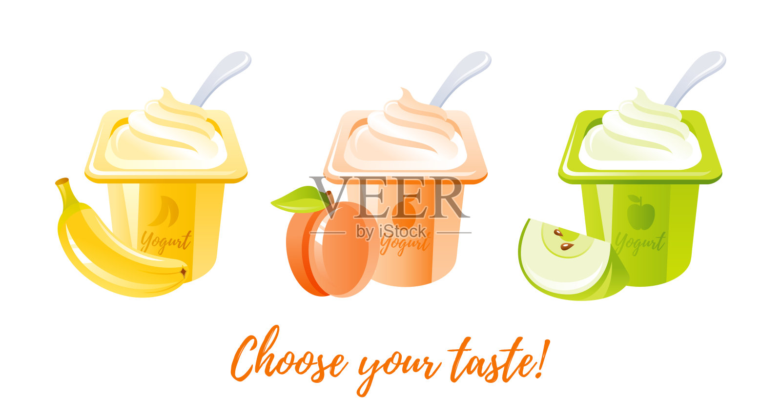 酸奶食品图标。牛奶、酸奶和水果。奶油甜点集，矢量插图。用塑料杯包装的香蕉、桃子、苹果味的甜酸奶。孤立的白色背景。卡通牛奶图标插画图片素材