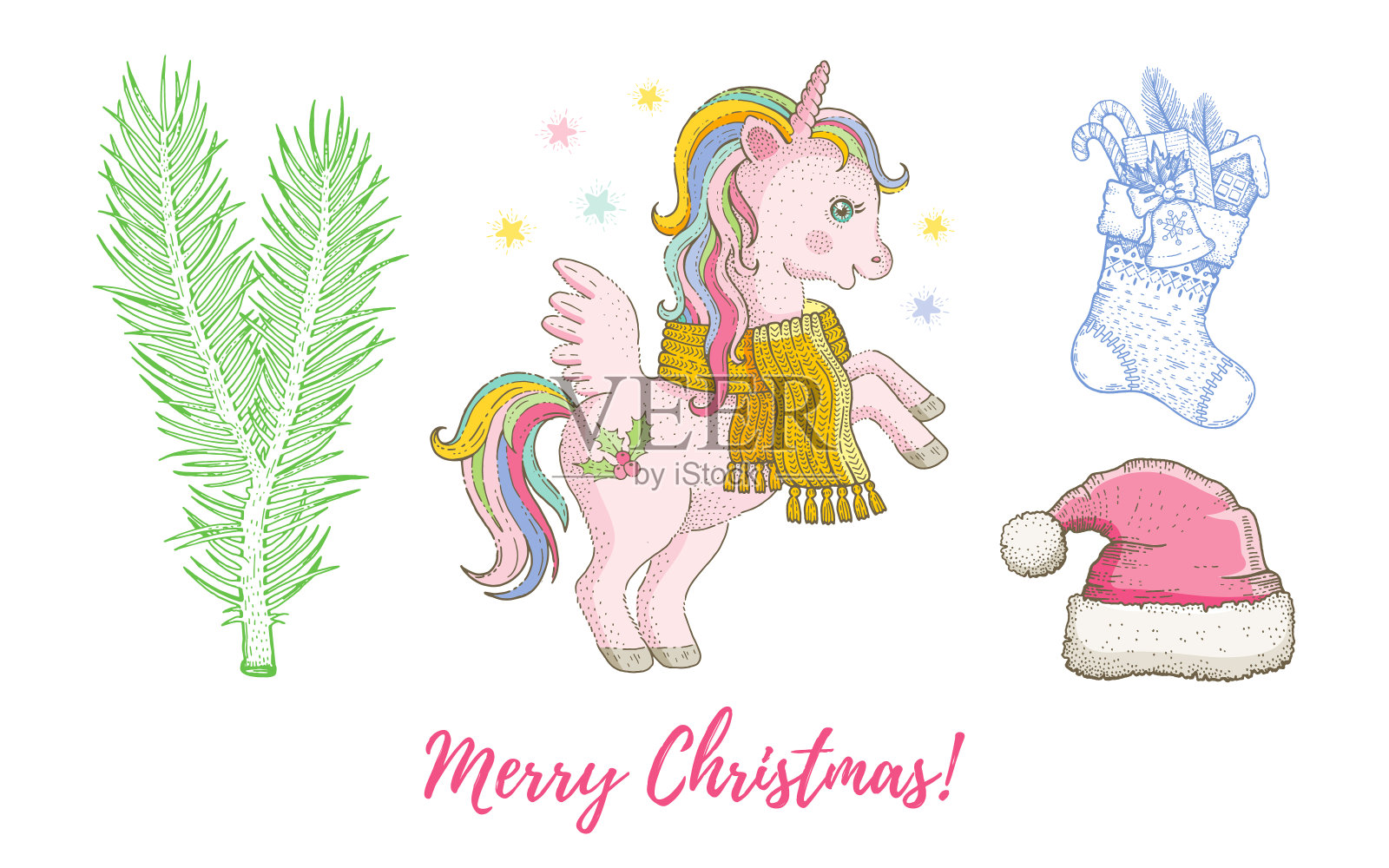 圣诞doodle独角兽小动物，圣诞帽，长筒袜，冷杉套装。可爱的水彩手绘收藏，海报，贺卡，设计元素。复古图形矢量插图白色背景插画图片素材