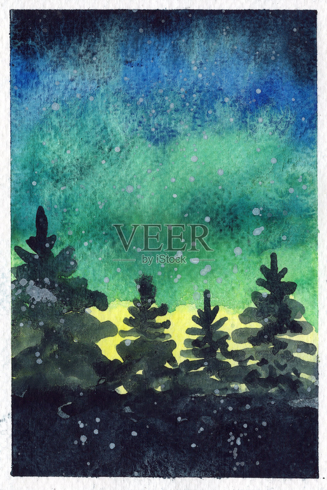 水彩圣诞明信片冷杉树北极光插画图片素材