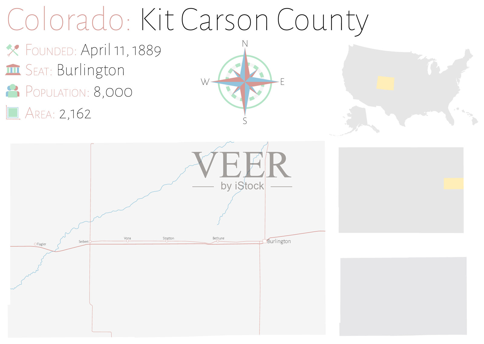 科罗拉多州基特·卡森县地图插画图片素材