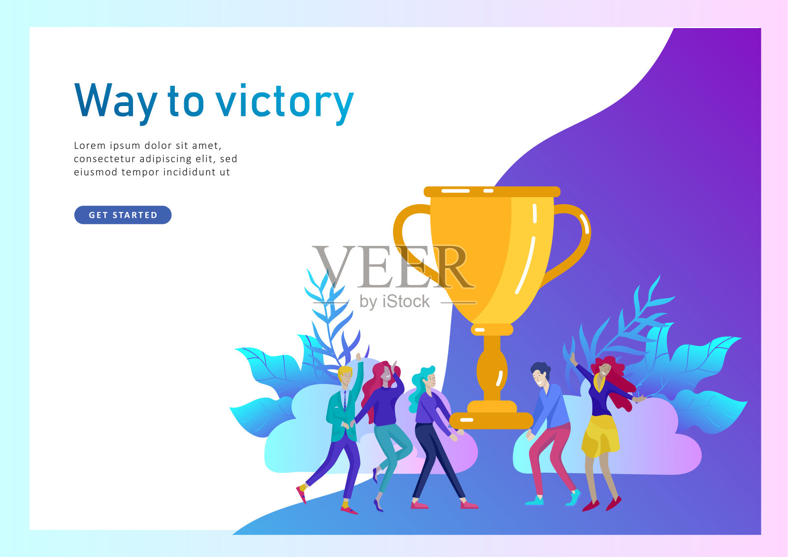 企业团队成功捧金杯，理念人与胜利同在。办公室职员拿着大奖杯庆祝插画图片素材