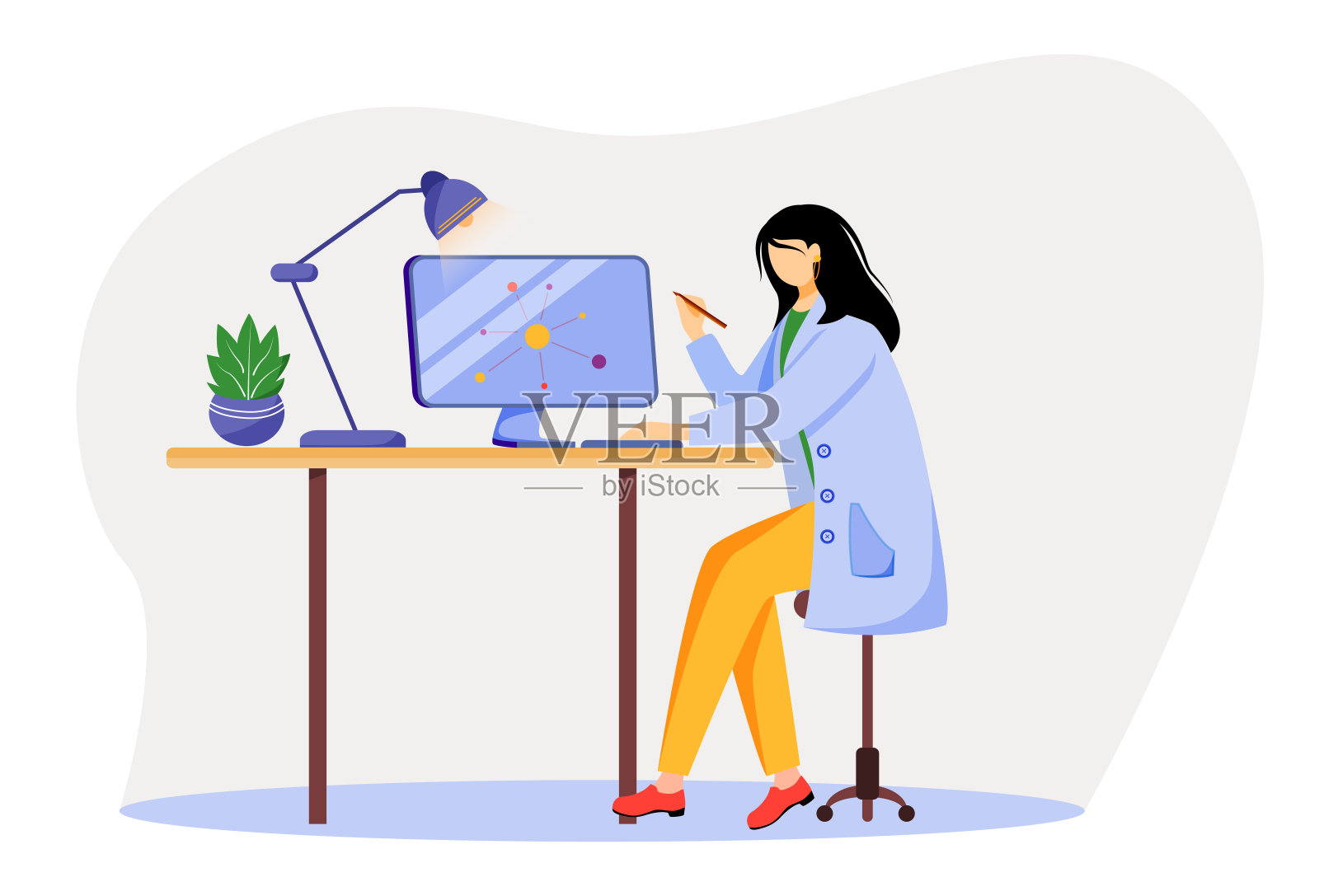 科学家在工作场所平面矢量插图。穿着蓝色实验服的女人。大学教授。物理学家使用计算机研究孤立的卡通人物在白色背景插画图片素材