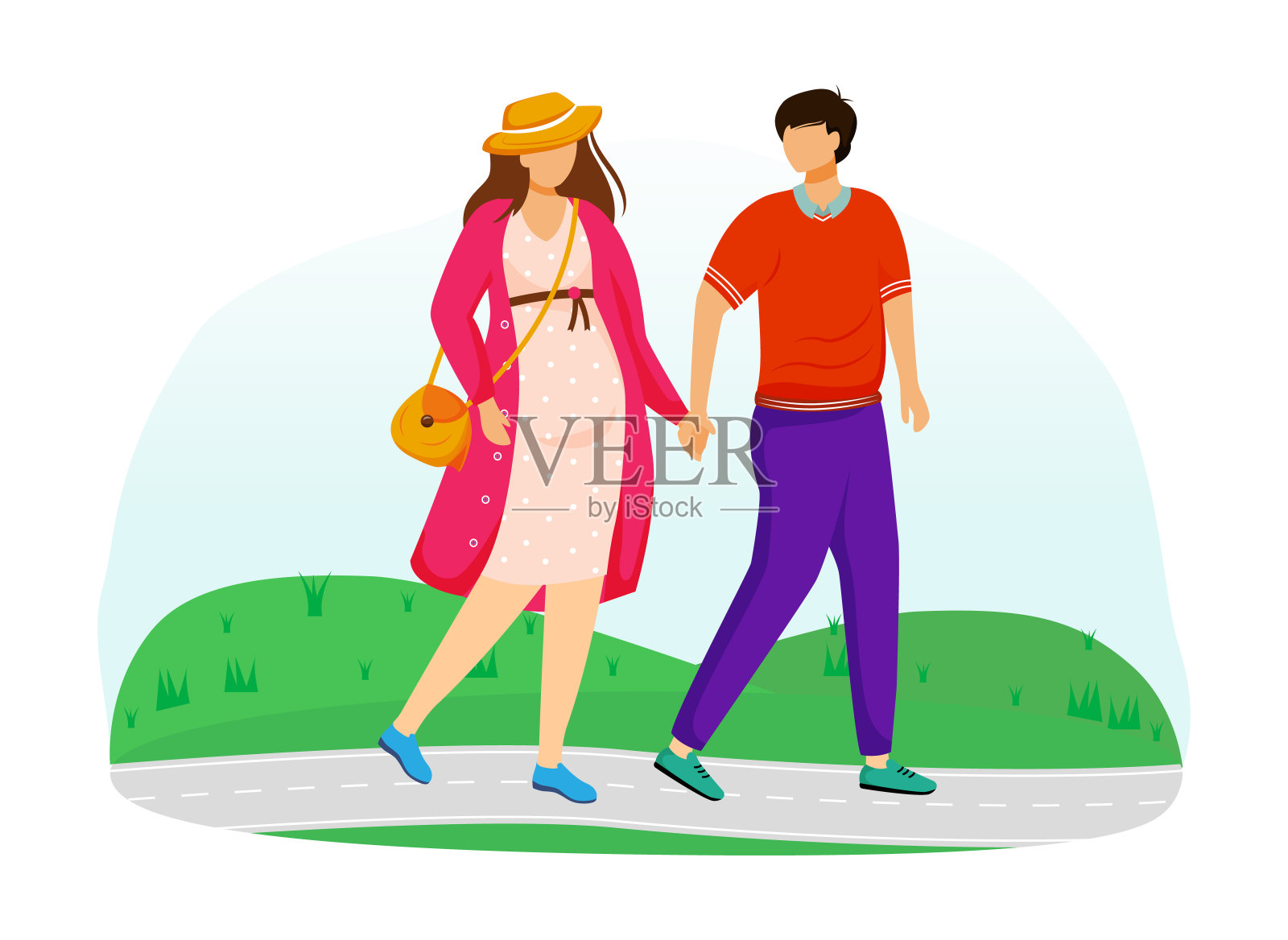 孕妇和丈夫在公园里走平矢量插图。准备为人父母的年轻家庭。漫步夫妇等待婴儿孤立的卡通人物在白色的背景插画图片素材