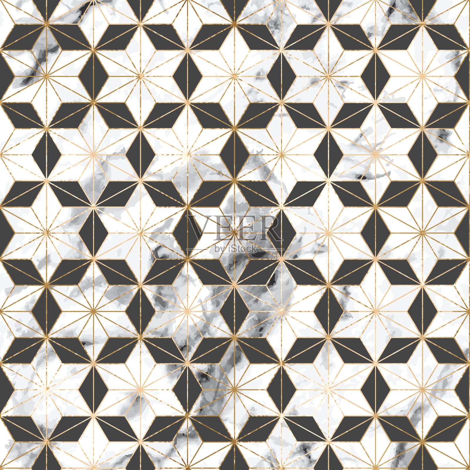 无缝几何日本浅叶图案与黄金线和大理石在灰色背景插画图片素材