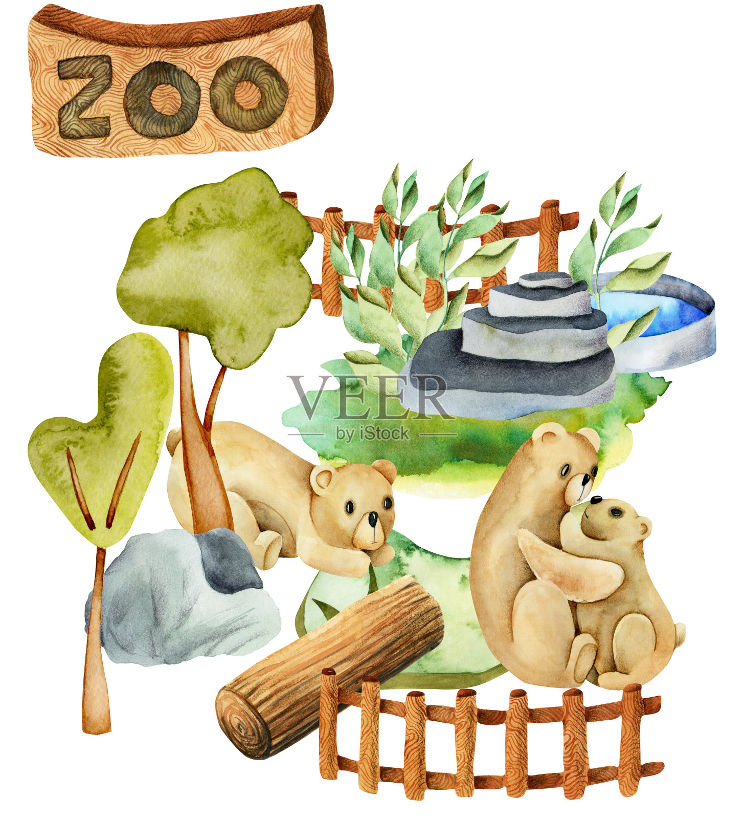 在动物园的熊的水彩插图，孤立的场景手绘在白色的背景插画图片素材