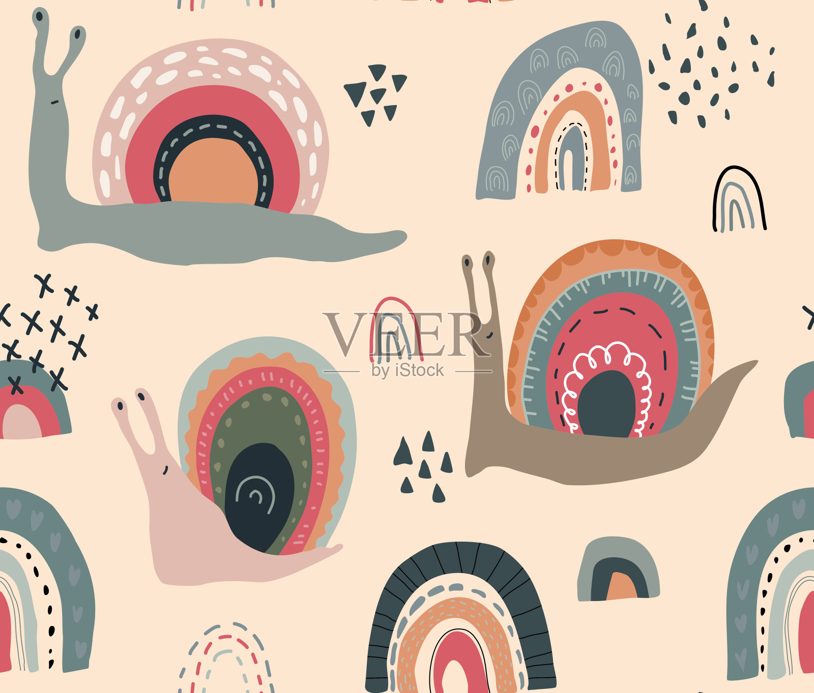 矢量无缝图案可爱有趣的彩虹蜗牛在抽象的斯堪的纳维亚风格。插画图片素材