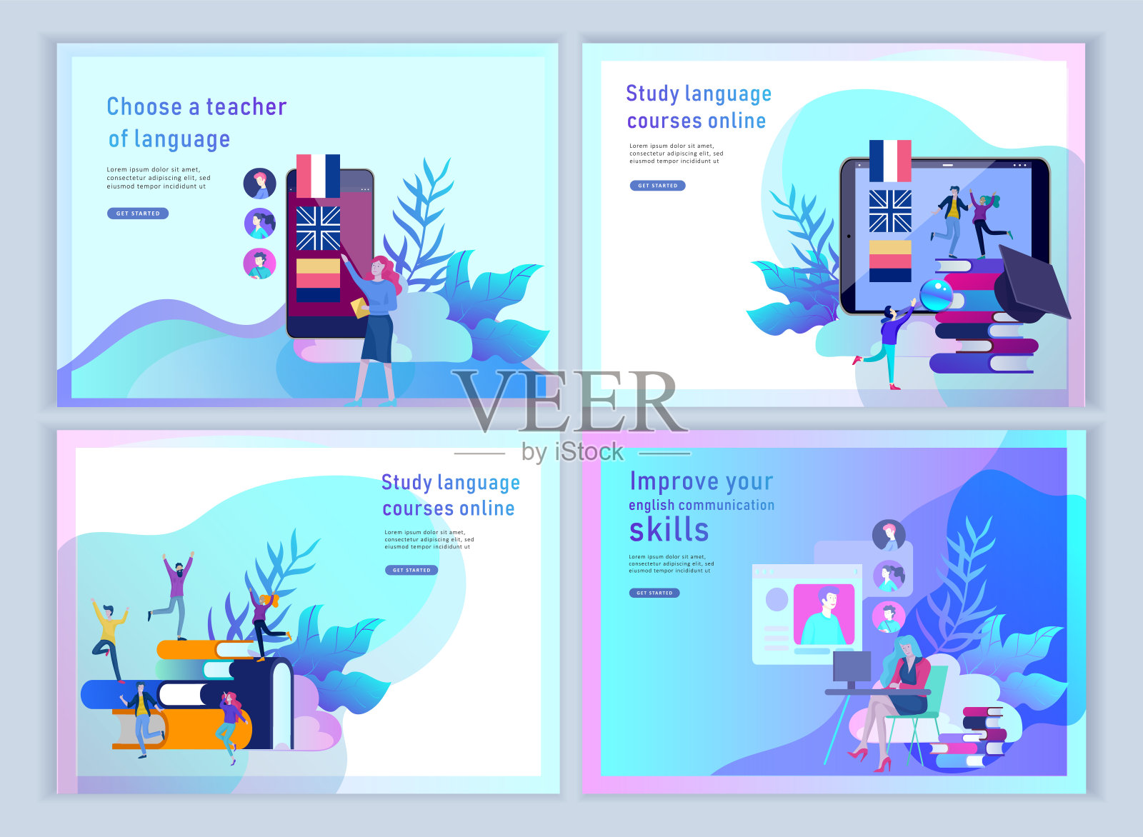 为在线语言课程，远程教育，培训设置登陆页面模板。语言学习界面与教学理念。插画图片素材