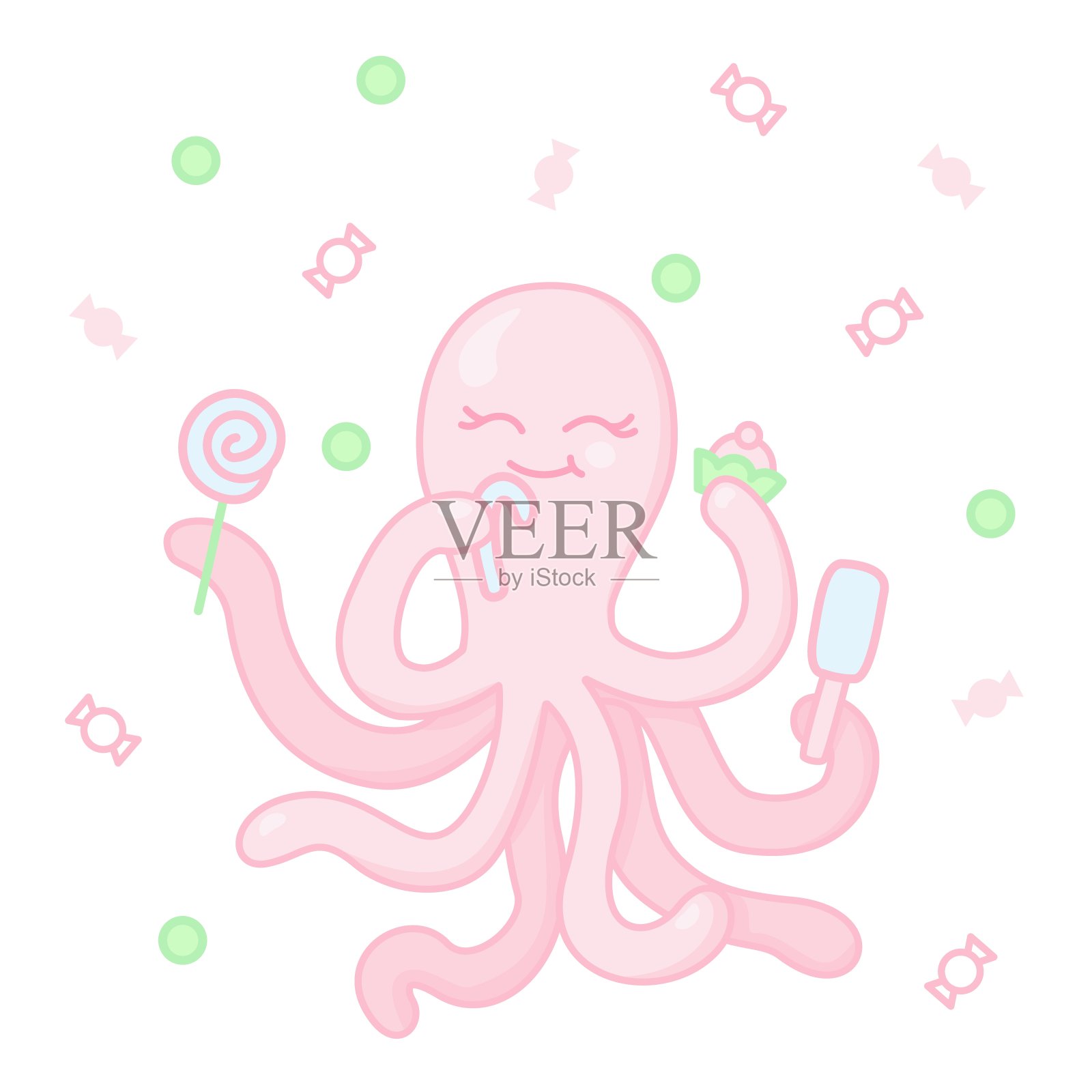 可爱的粉色爱吃甜食的章鱼，棒棒糖，冰淇淋和纸杯蛋糕。矢量图插画图片素材