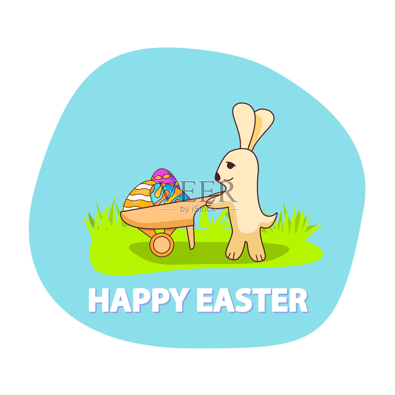 复活节兔子用一辆马车装饰彩蛋。兔子卡通人物。插画图片素材