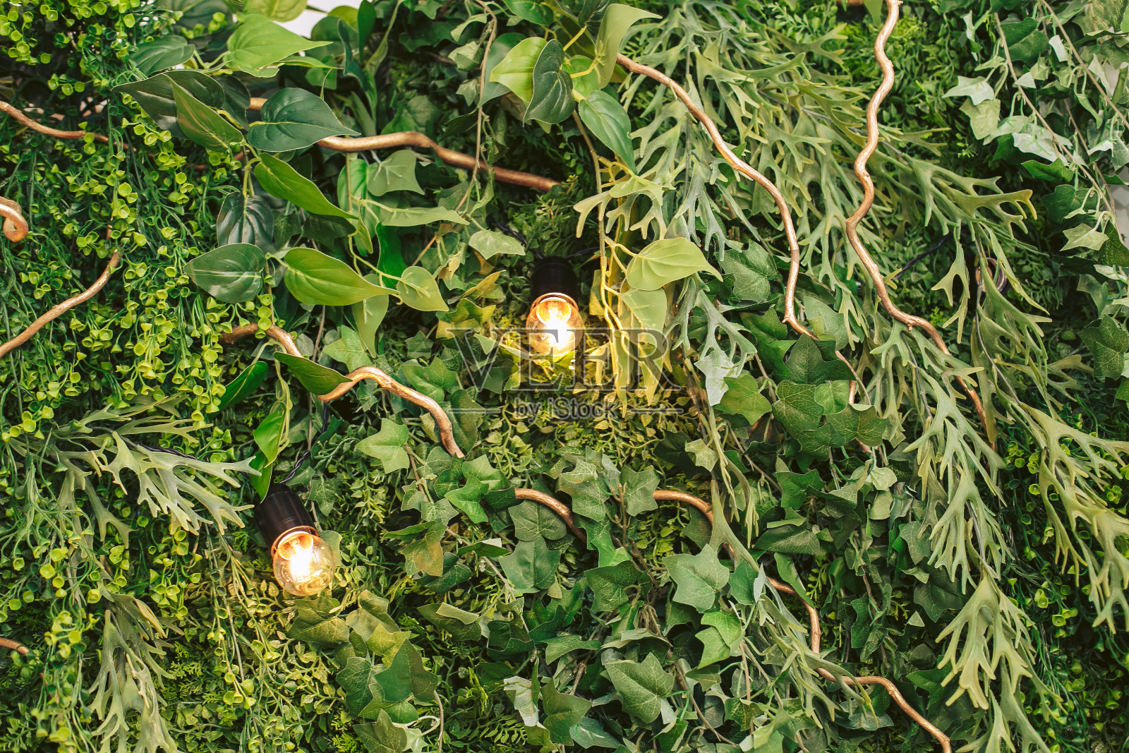 用花环装饰的天然绿叶墙。夏季婚礼装饰。照片摄影图片