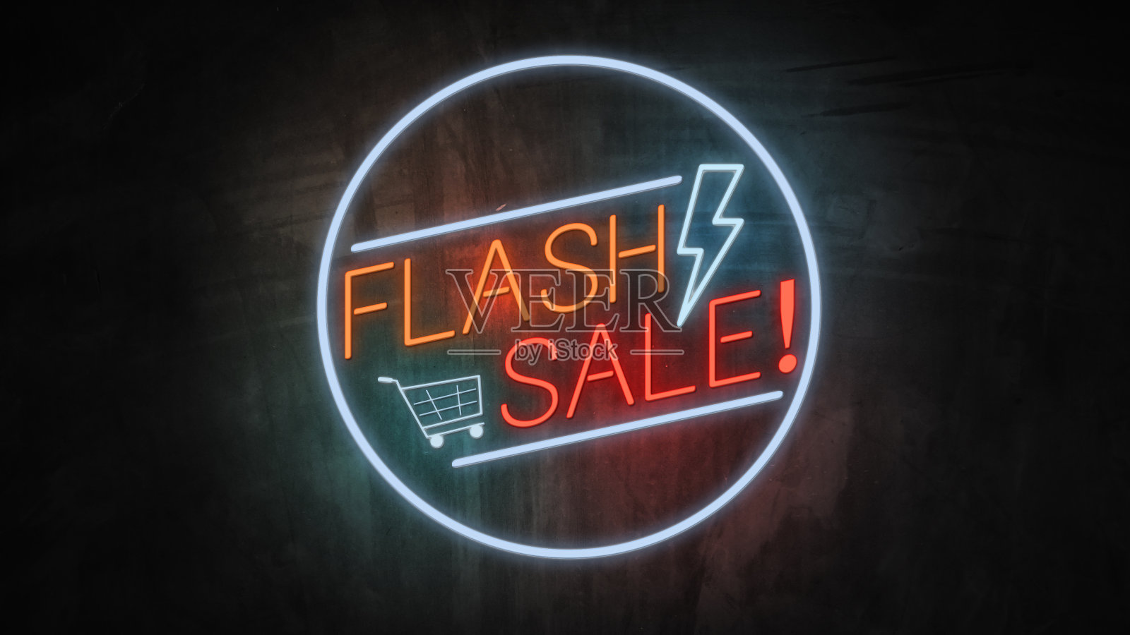 墙上闪购霓虹灯。销售横幅闪烁霓虹招牌风格。插画图片素材