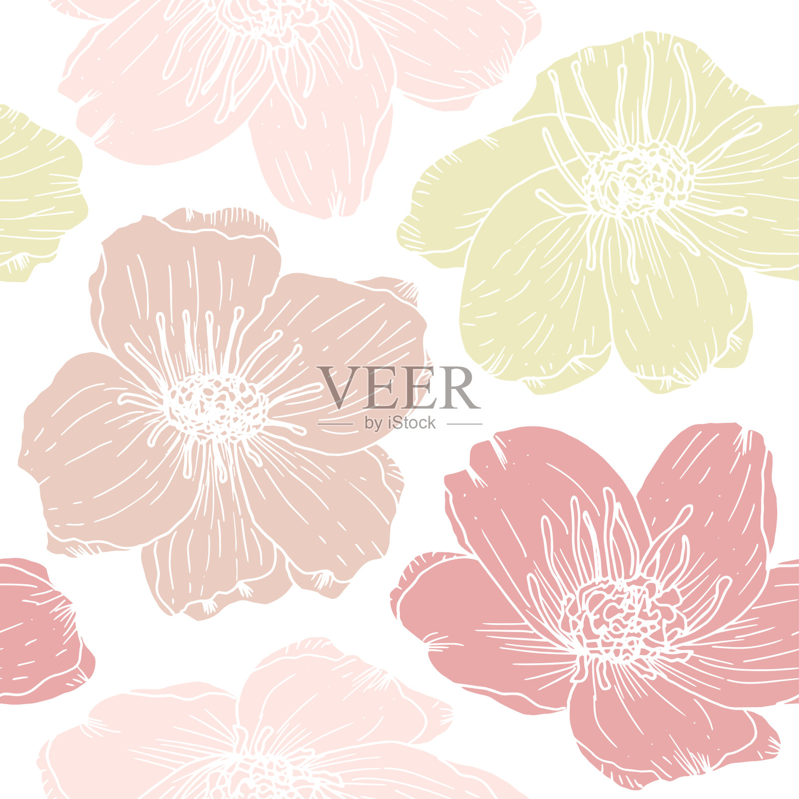 银莲花花，矢量无缝图案。插画图片素材