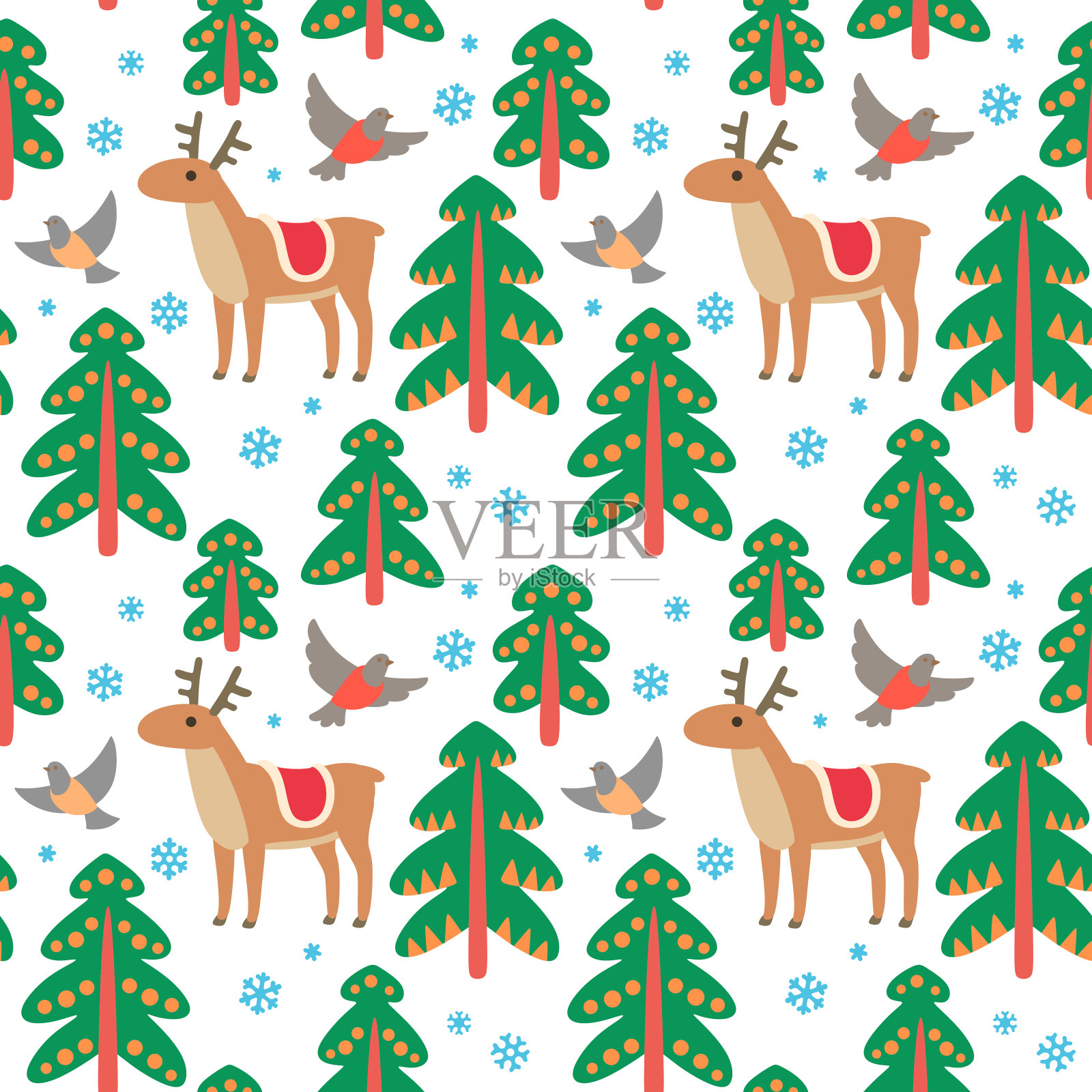 矢量无缝模式与圣诞鸟，鹿和雪花。圣诞节的背景。冬季森林。插画图片素材