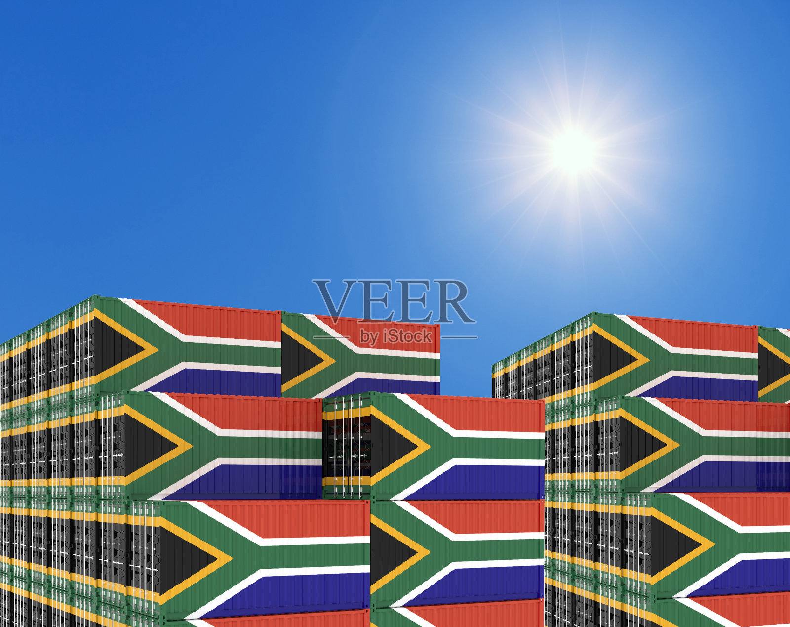 集装箱堆场满集装箱与旗帜的南非国旗。3d插图。照片摄影图片