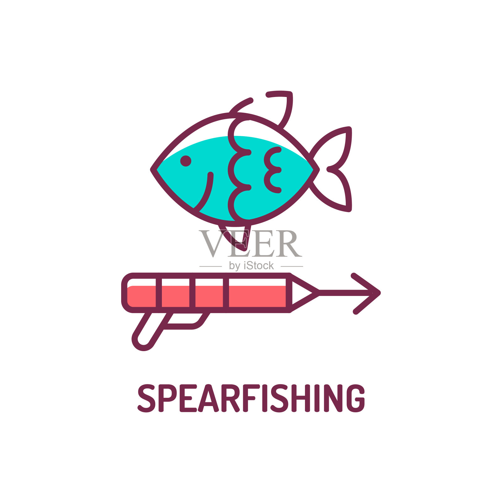 鱼叉钓鱼颜色线图标在白色的背景。极限运动。在水里游泳。寻找水下动物。象形文字用于网页、手机应用、促销。UI UX GUI设计元素。插画图片素材