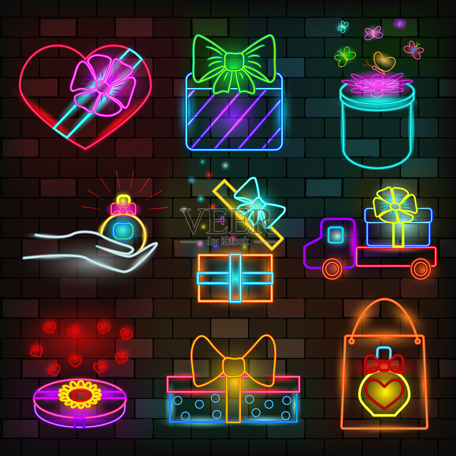Vip霓虹图标集。不同类型的礼盒和礼品贴在飞镖砖墙上。庆祝活动的设计。夜晚明亮的霓虹灯招牌，五彩的广告牌，灯光的横幅。平的风格。矢量插图。插画图片素材