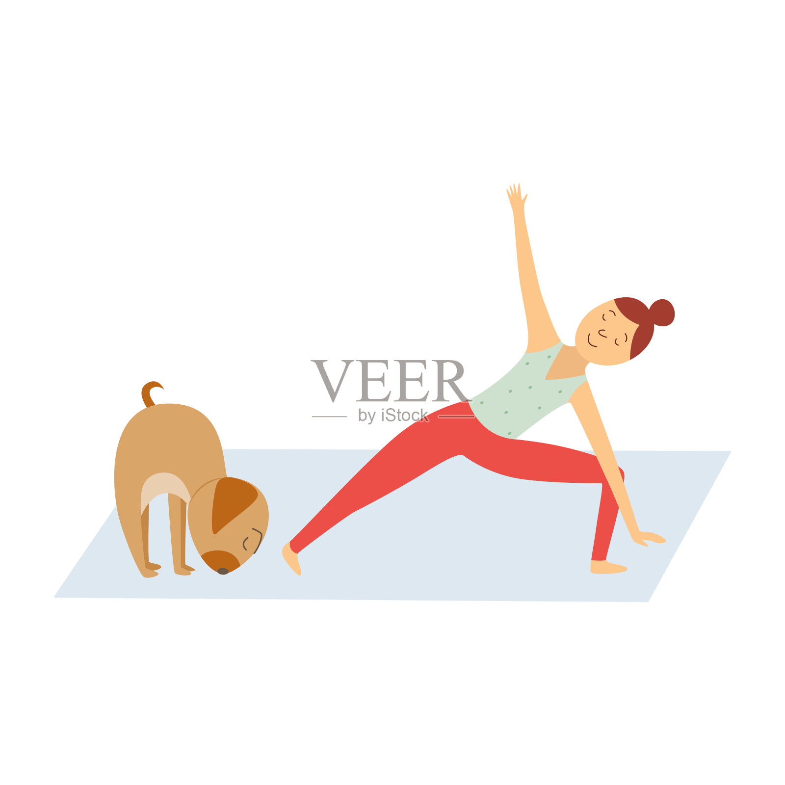 可爱的小女孩和她的宠物狗做瑜伽体式平面矢量插图孤立。插画图片素材