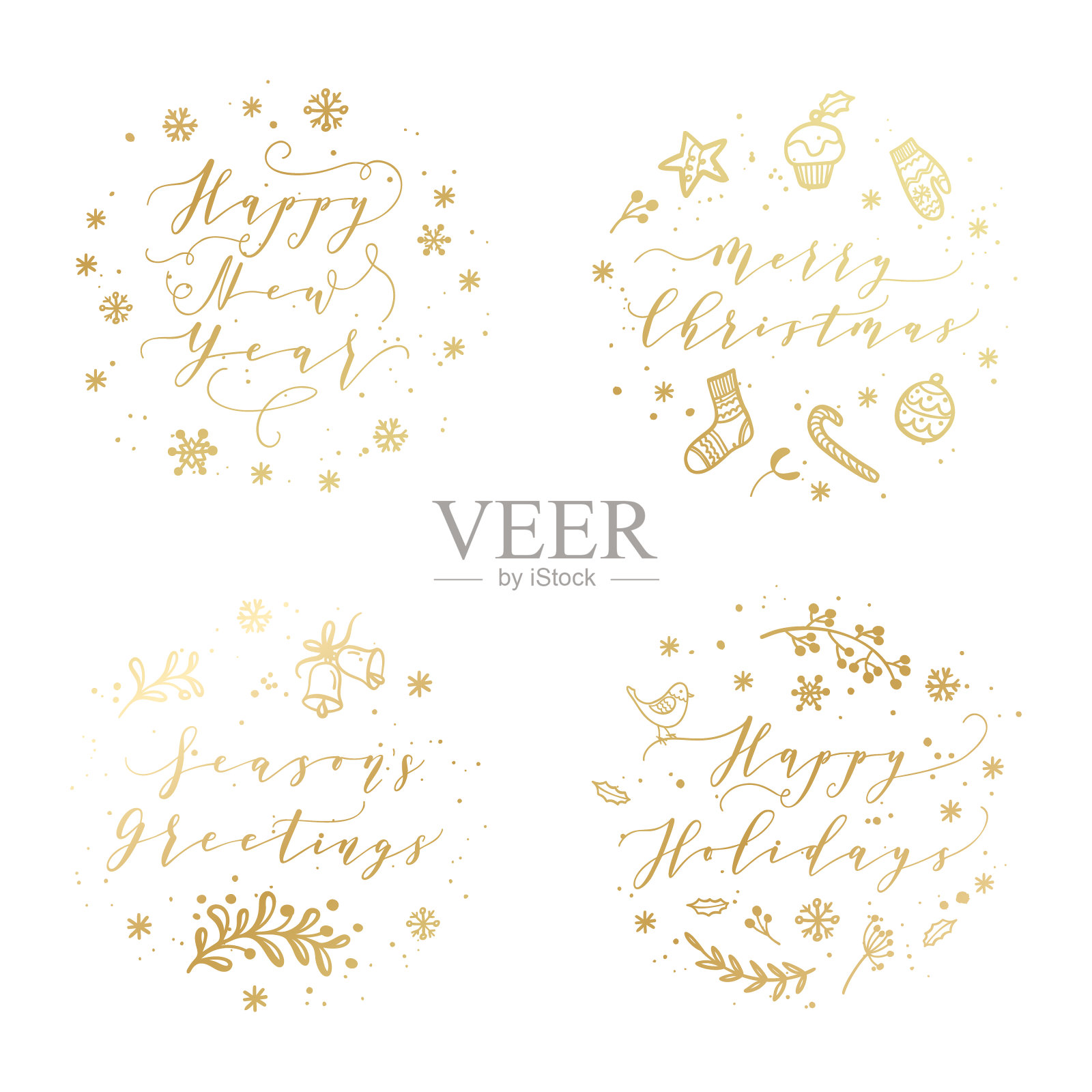 圣诞和新年祝福的标签，标志，标志，文字，贺卡集。矢量冬季假期背景与手写字书法插画图片素材