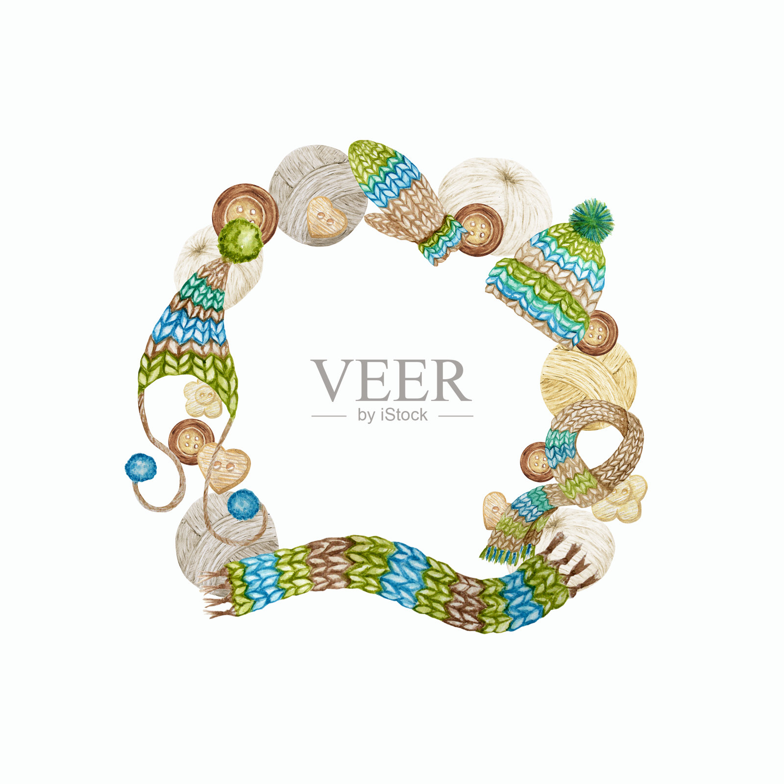 针织车间式框架，品牌，阿凡达组成的纱线，羊毛衣服，围巾，手套，帽子与绒球，纽扣。水彩边界插图手工编织工艺品，爱好。插画图片素材