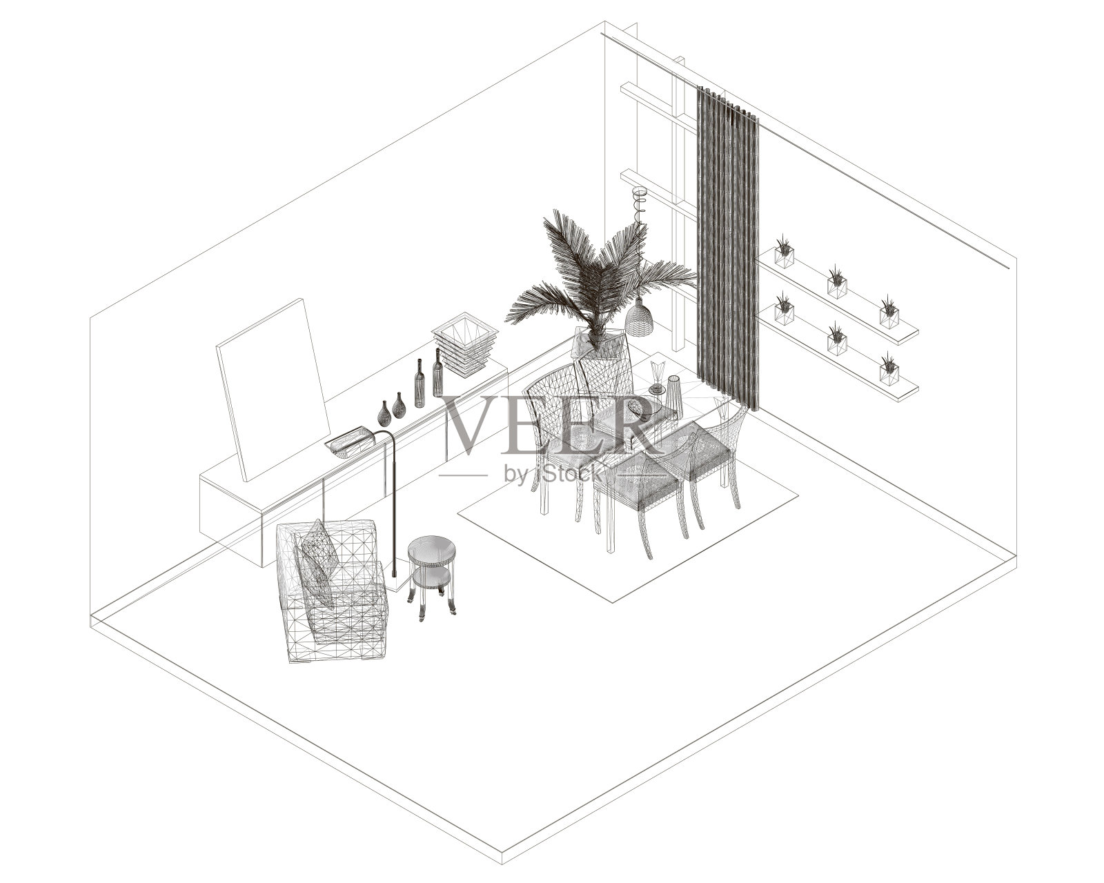 内部线框由白色背景上孤立的线构成。等距视图。3 d。矢量图插画图片素材