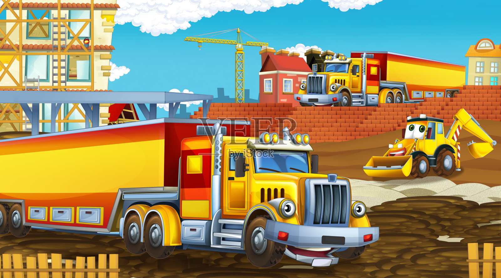 工业汽车在建筑工地的卡通场景插画图片素材