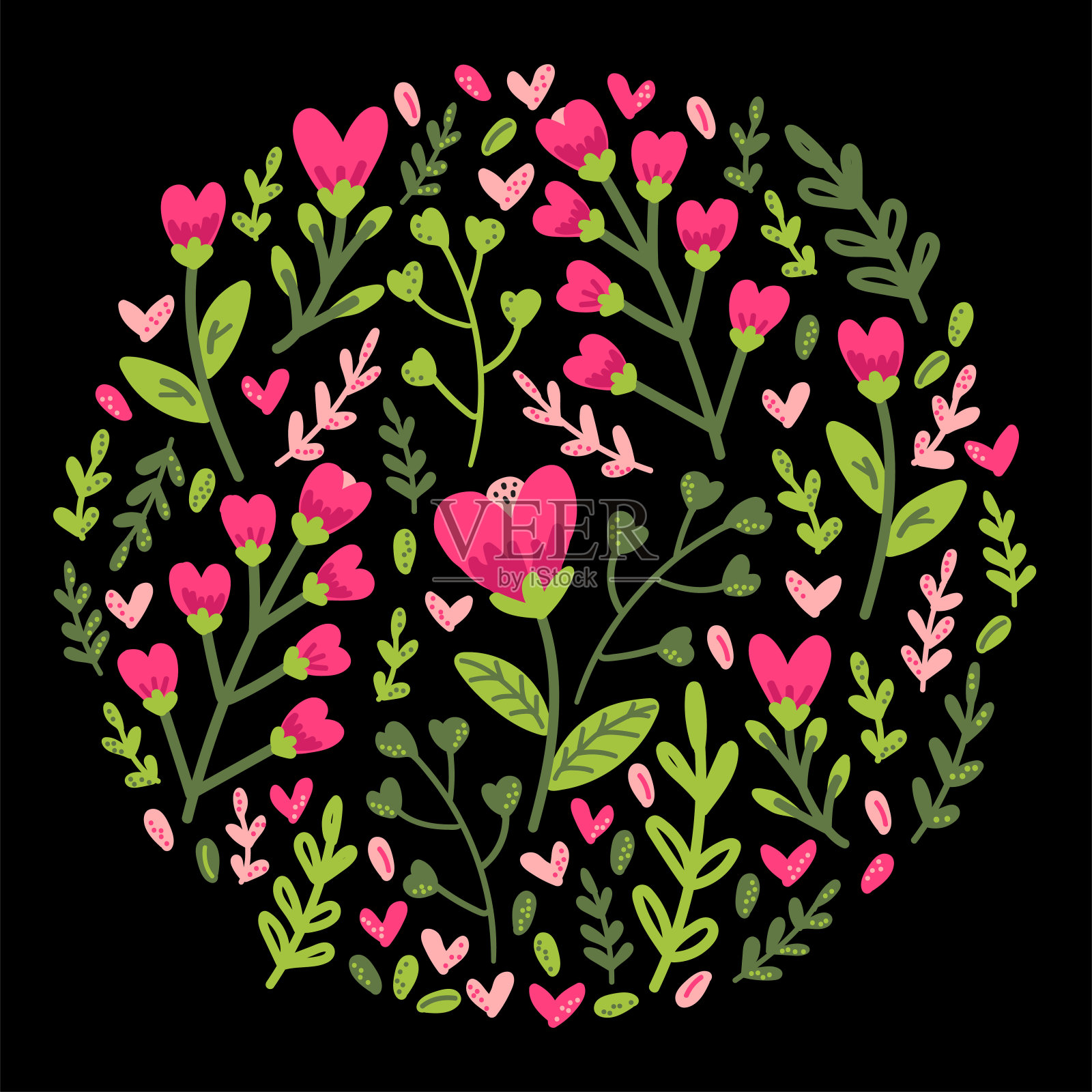 可爱的彩色花卉收集手绘的叶子和花在涂鸦风格插画图片素材