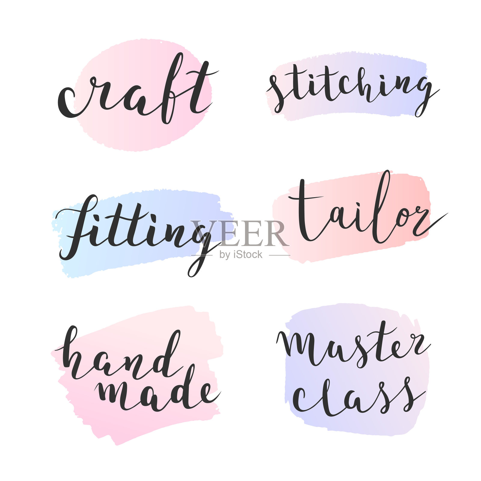 为缝纫和裁缝工作室或工作室的标志收集。矢量字母在水彩背景，油漆飞溅在柔和的颜色。套字裁缝，手工制作插画图片素材