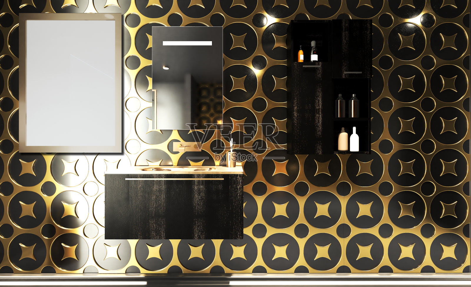 3 d渲染。浴室里的乌木浴室家具和一个金色的脸盆。墙上贴着黄色和黑色的瓷砖。空的绘画照片摄影图片