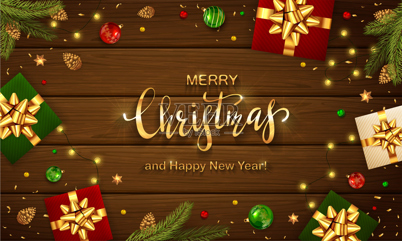 圣诞灯与球和礼物在木制的背景设计模板素材