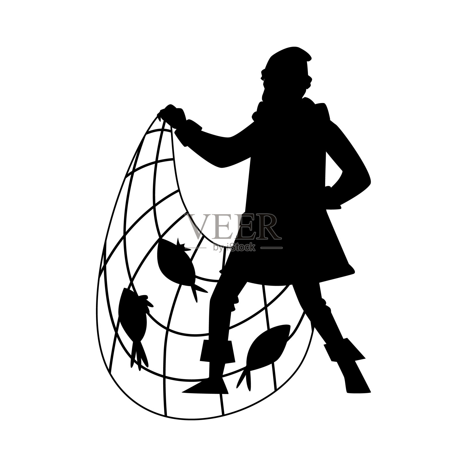 一个渔民的黑色剪影与渔网矢量插图孤立。插画图片素材