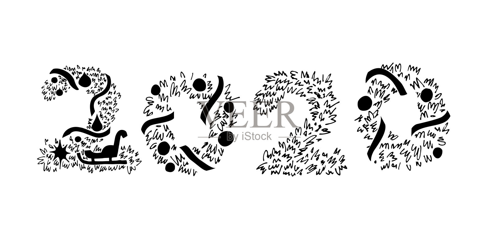 2020年新年标志。节日贺卡。矢量插图。设计邀请,日历。快乐抽象圣诞封面夜。手绘图形。设计元素图片