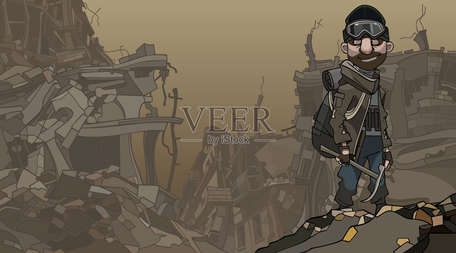 一个拿着鹤嘴锄的卡通人物，背景是尘土弥漫的废墟插画图片素材