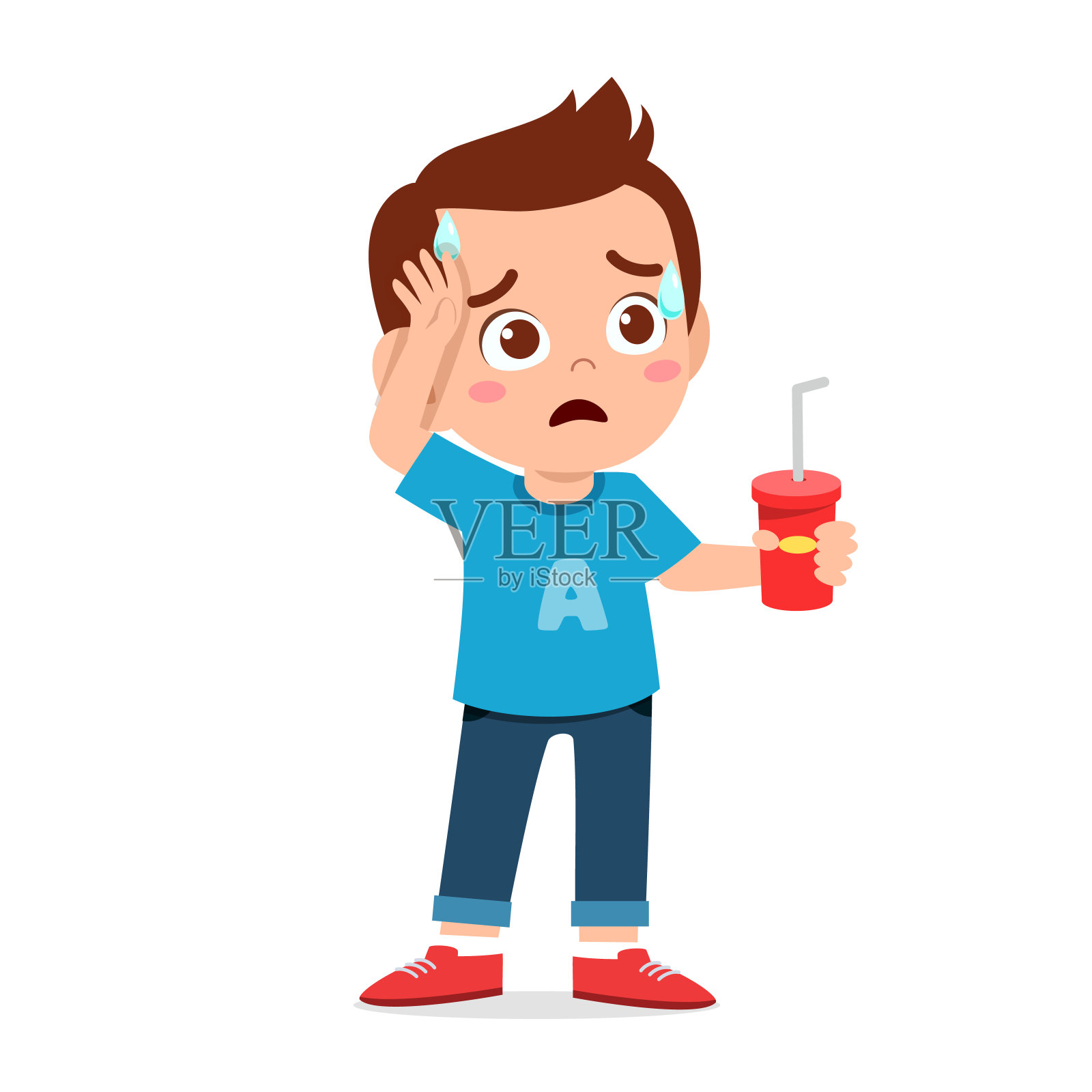 快乐可爱的小男孩觉得好渴插画图片素材