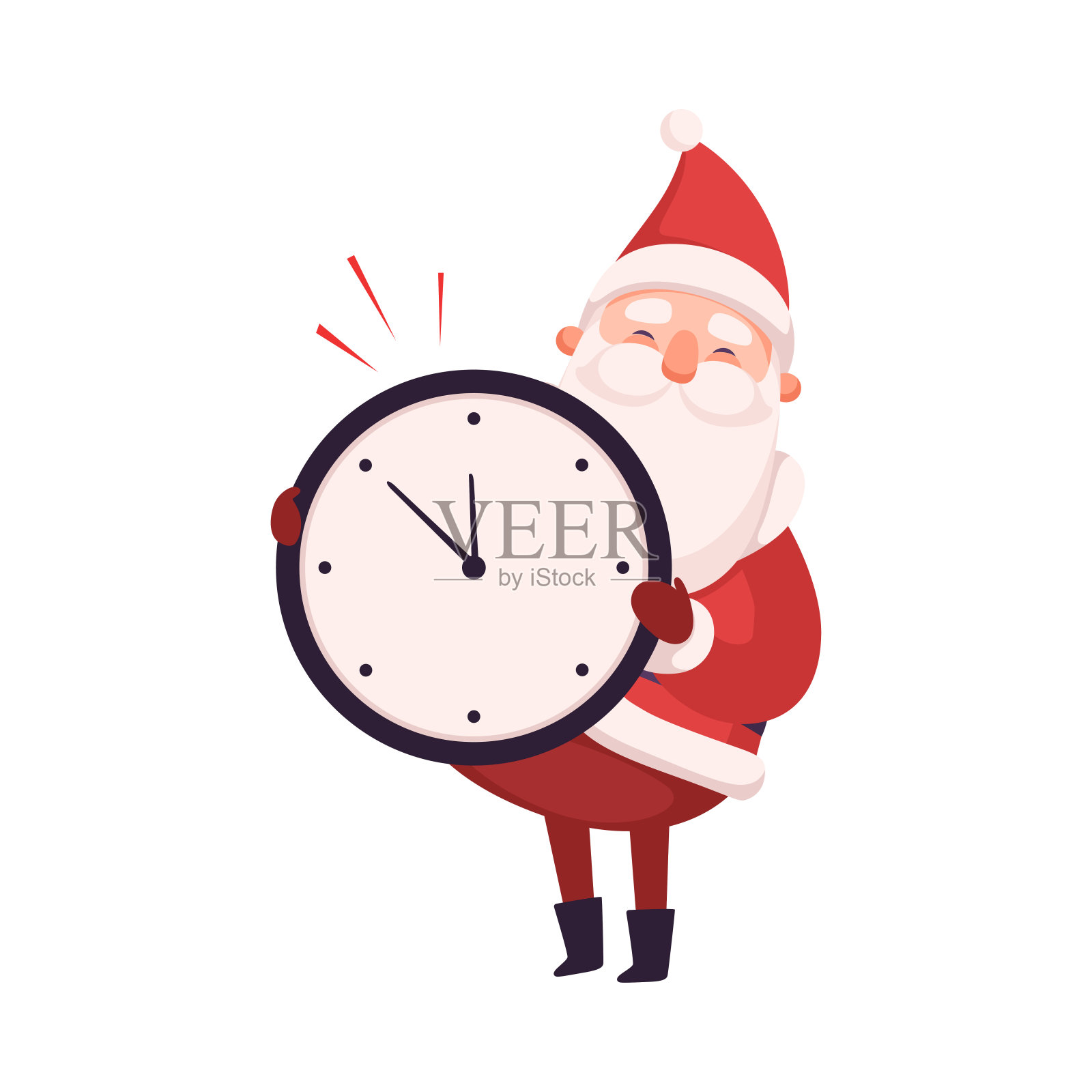 有趣的圣诞老人抱着挂钟，可爱的圣诞和新年字符，冬季假期设计元素矢量插图插画图片素材