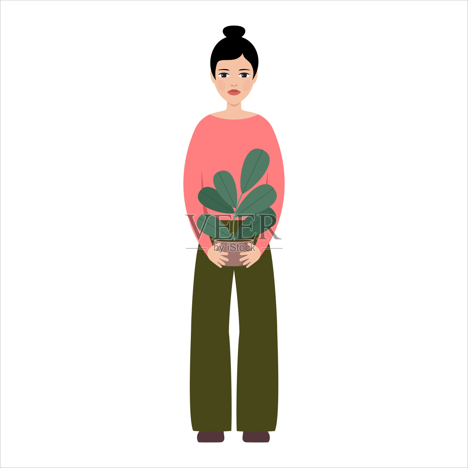 年轻女子手持家用植物。插画图片素材