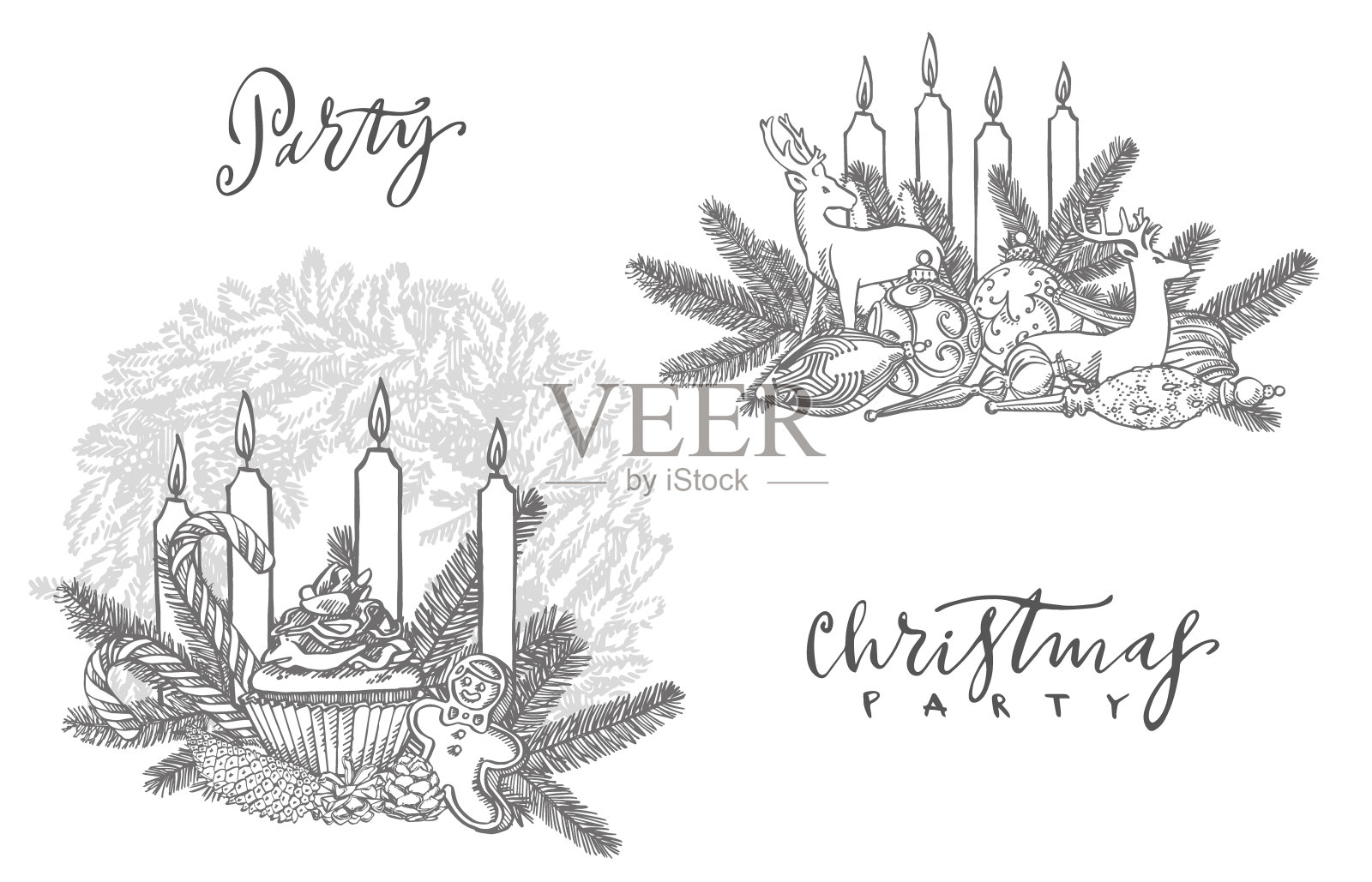 圣诞节。圣诞树和蜡烛的树枝。新年和圣诞节的设计元素。贺卡邀请与圣诞图形。的插图。设计模板素材