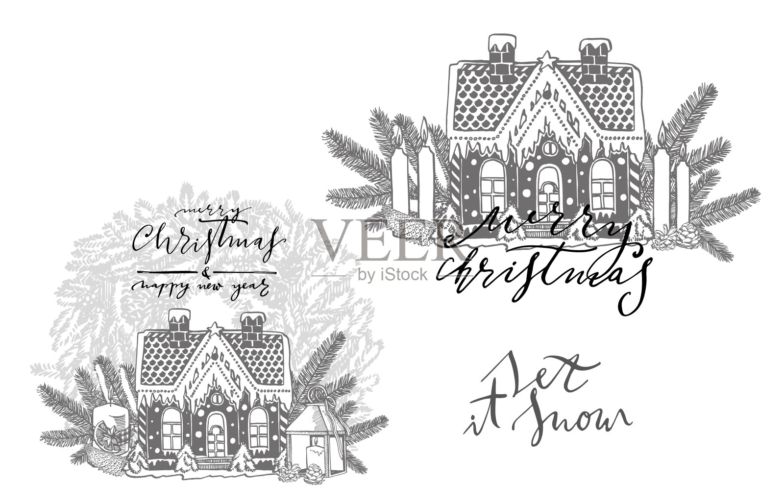 圣诞节。圣诞树和蜡烛的树枝。新年和圣诞节的设计元素。贺卡邀请与圣诞图形。的插图。插画图片素材