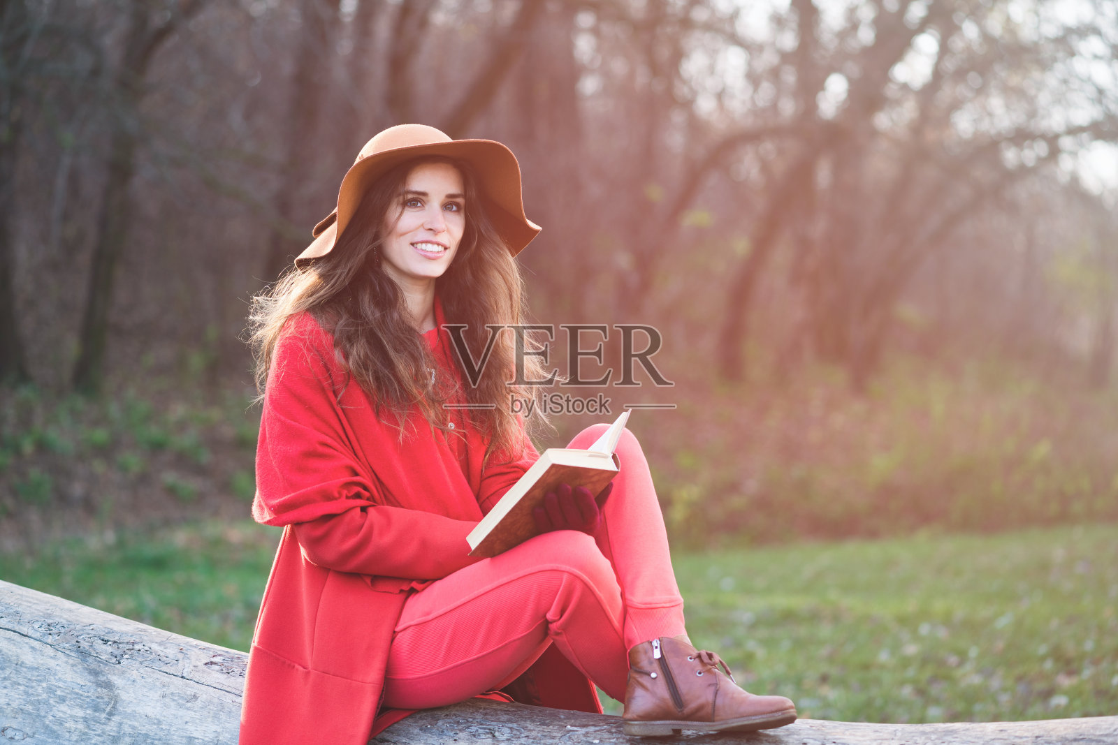 美丽优雅的女孩在日志上看书照片摄影图片
