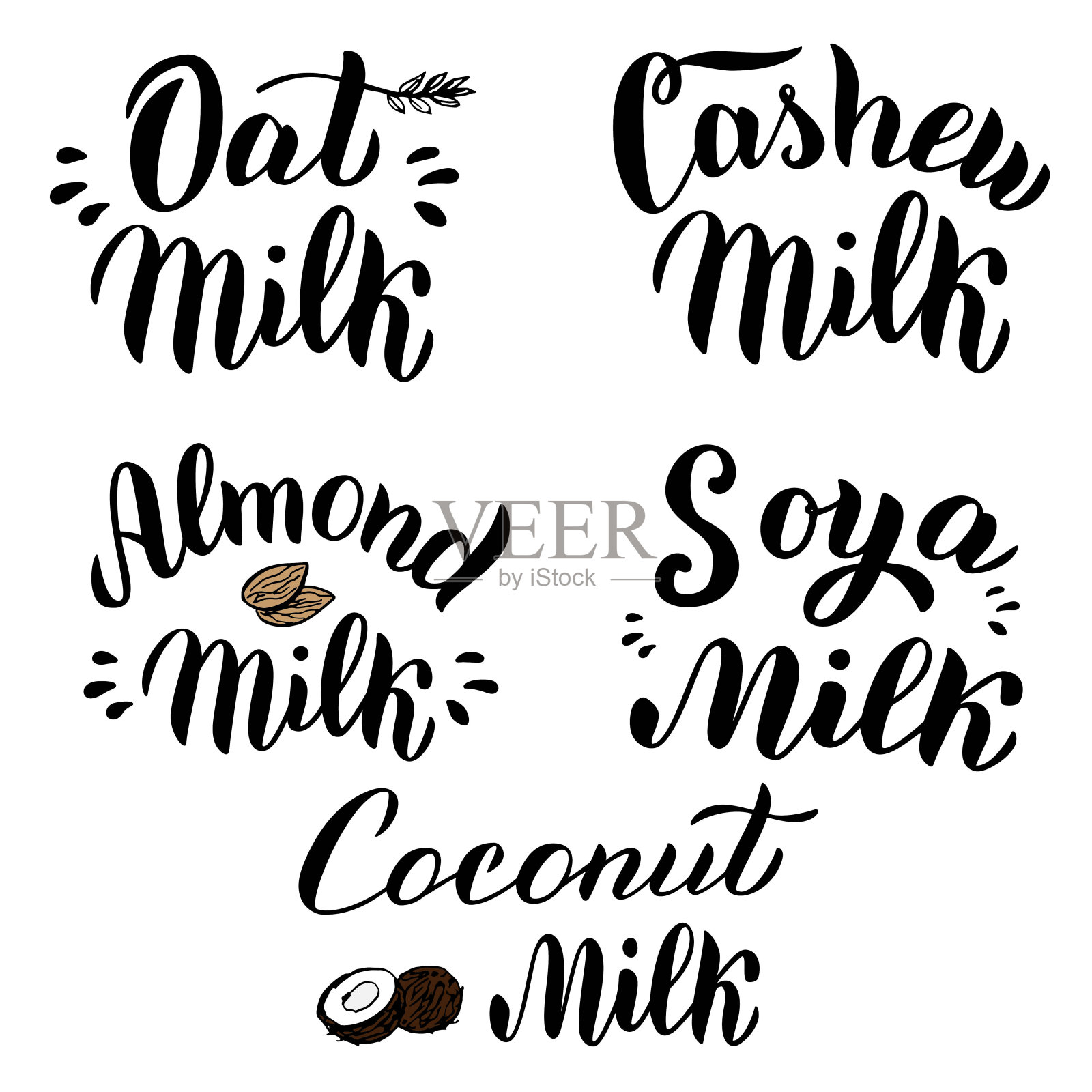 素食奶套装包装设计为杏仁，腰果，大豆，燕麦，椰奶。时尚的黑字文本字体。包装，贴纸，横幅，标志孤立的白色背景。向量eps 10。插画图片素材