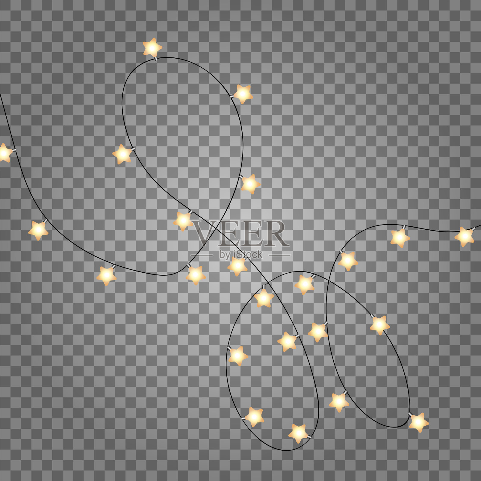 圣诞灯装饰孤立在透明的背景。金色灯光花环与星星逼真的flatlay。金色圣诞装饰顶视图。节日的设计元素插画图片素材