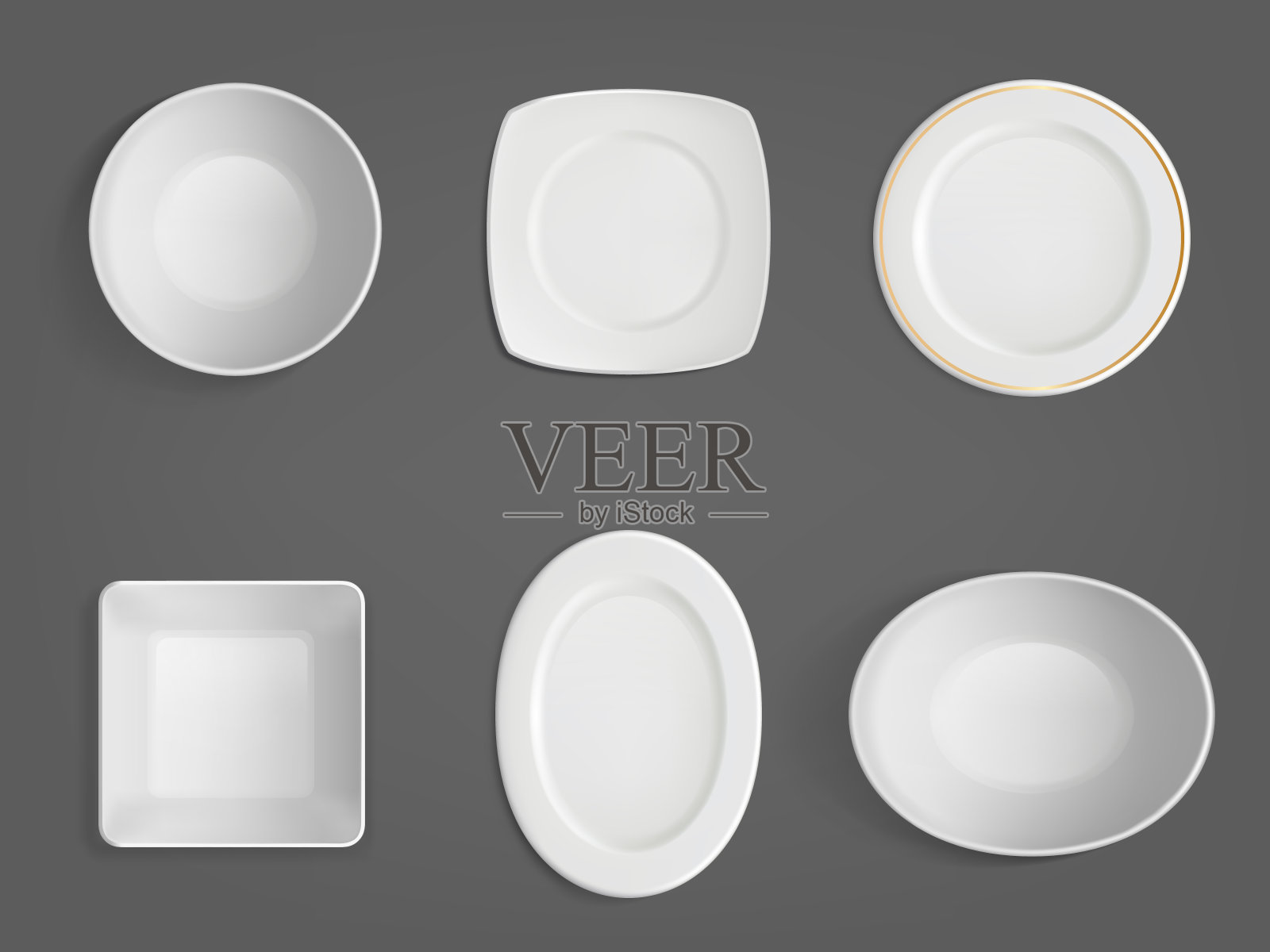 俯视图白色不同形状的碗插画图片素材