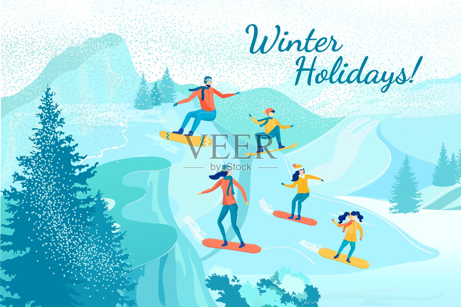 家庭从雪山上滑雪设计模板素材