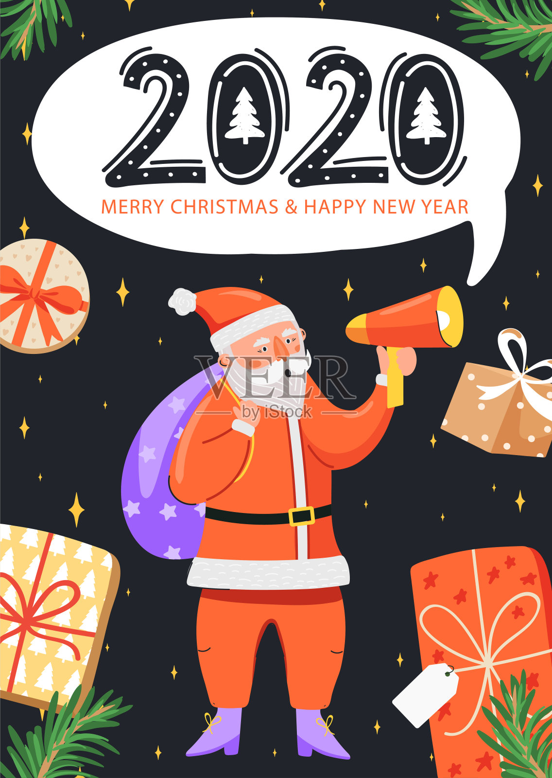 2020年新年快乐插图。滑稽快乐的圣诞老人角色在扩音器里大喊。插画图片素材