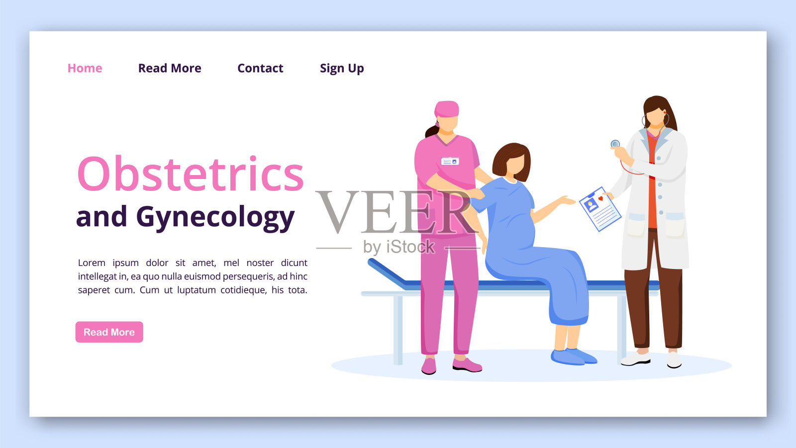 妇产科登陆页面模板。Obgyn网站界面想法与平面插图。分娩医院主页布局。产前护理诊所网页横幅，网页卡通概念插画图片素材