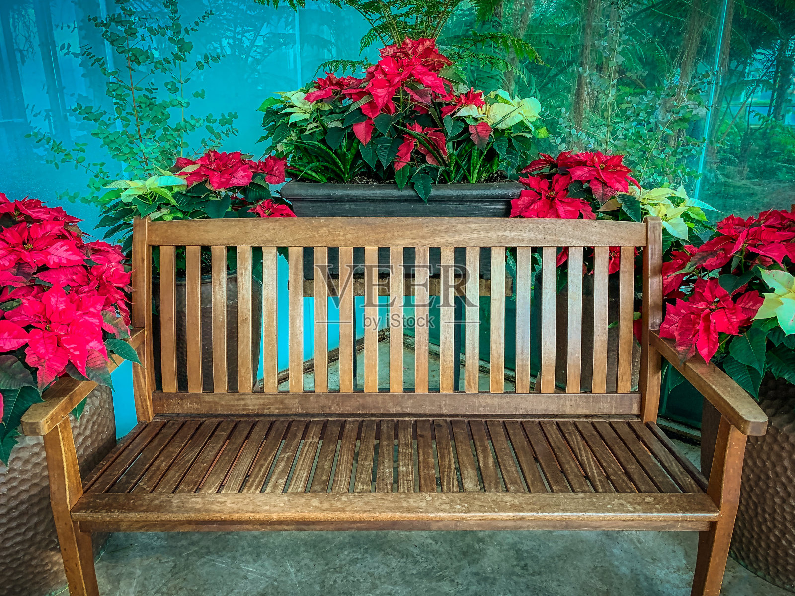 为圣诞节装饰的棕色木制长凳照片摄影图片