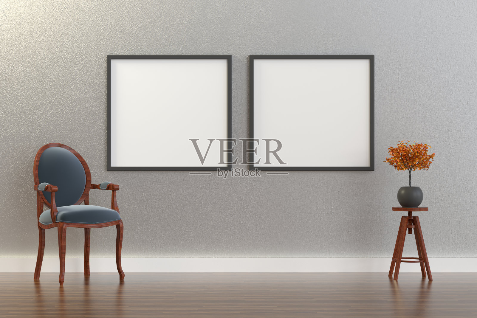 3D室内，客厅，扶手椅和混凝土墙上的空框架照片摄影图片