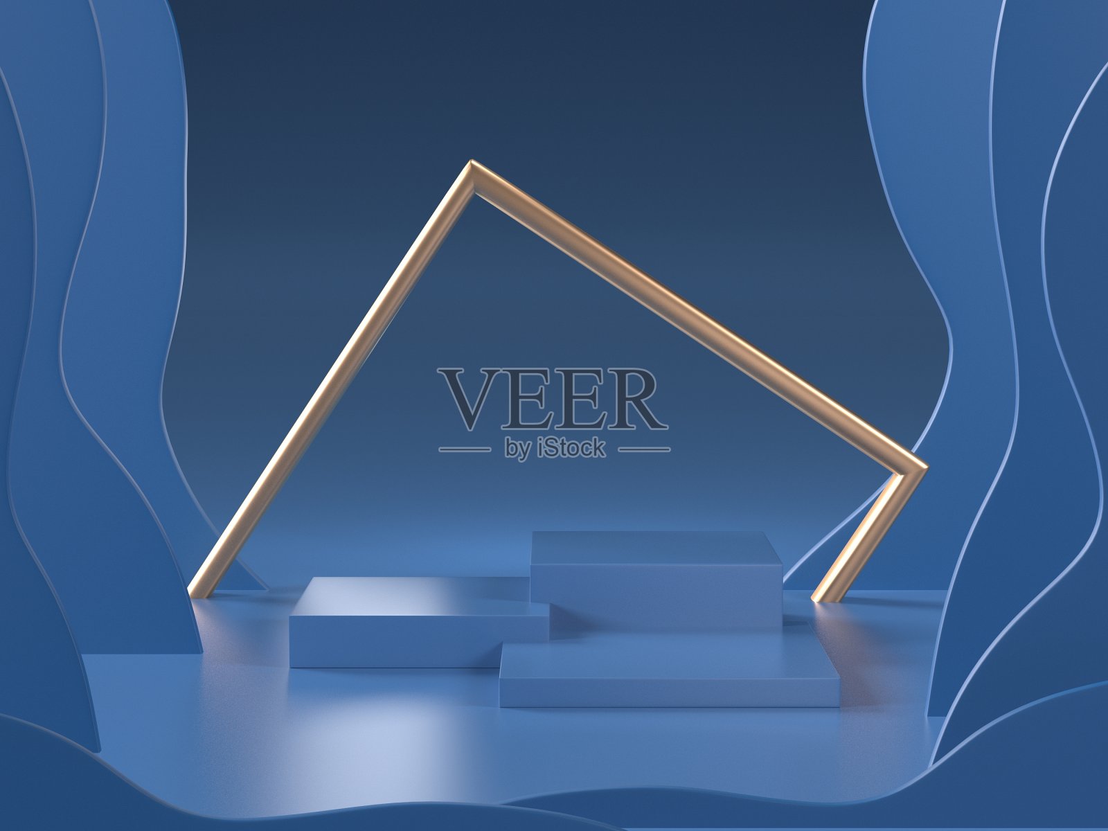 3d背景渲染图像抽象的蓝色几何形状裙房背景，现代极简模型的化妆品裙房展示或展示。2020年颜色潘通色卡。照片摄影图片