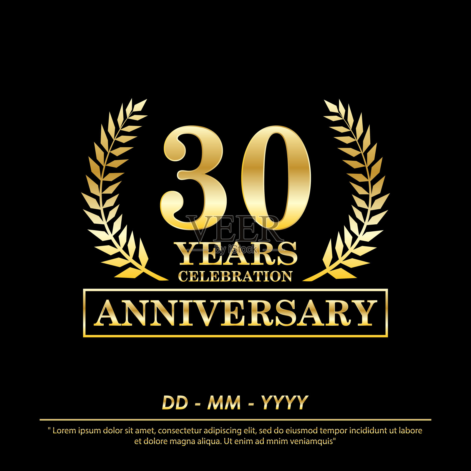 30周年庆典会徽。周年典雅金奖标志孤立在黑色背景，矢量插图模板设计的庆祝贺卡和邀请插画图片素材