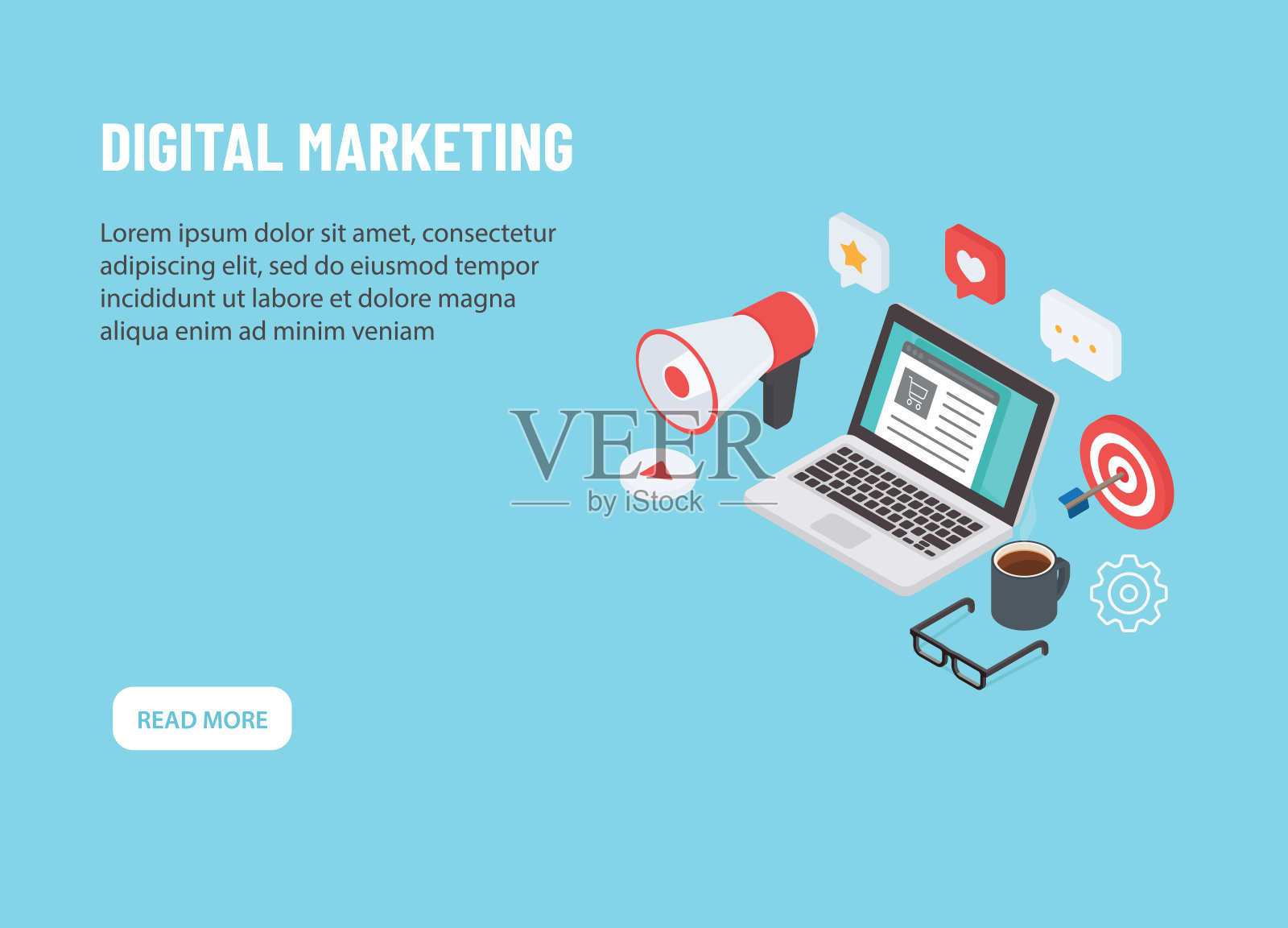 数字营销等距。内容战略与管理。笔记本电脑与在线营销图标插画图片素材