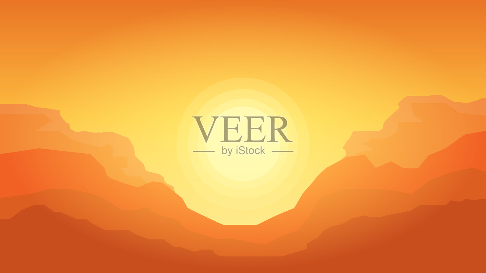 沙漠景观与山脉和阳光。峡谷山的剪影模板与太阳插画图片素材